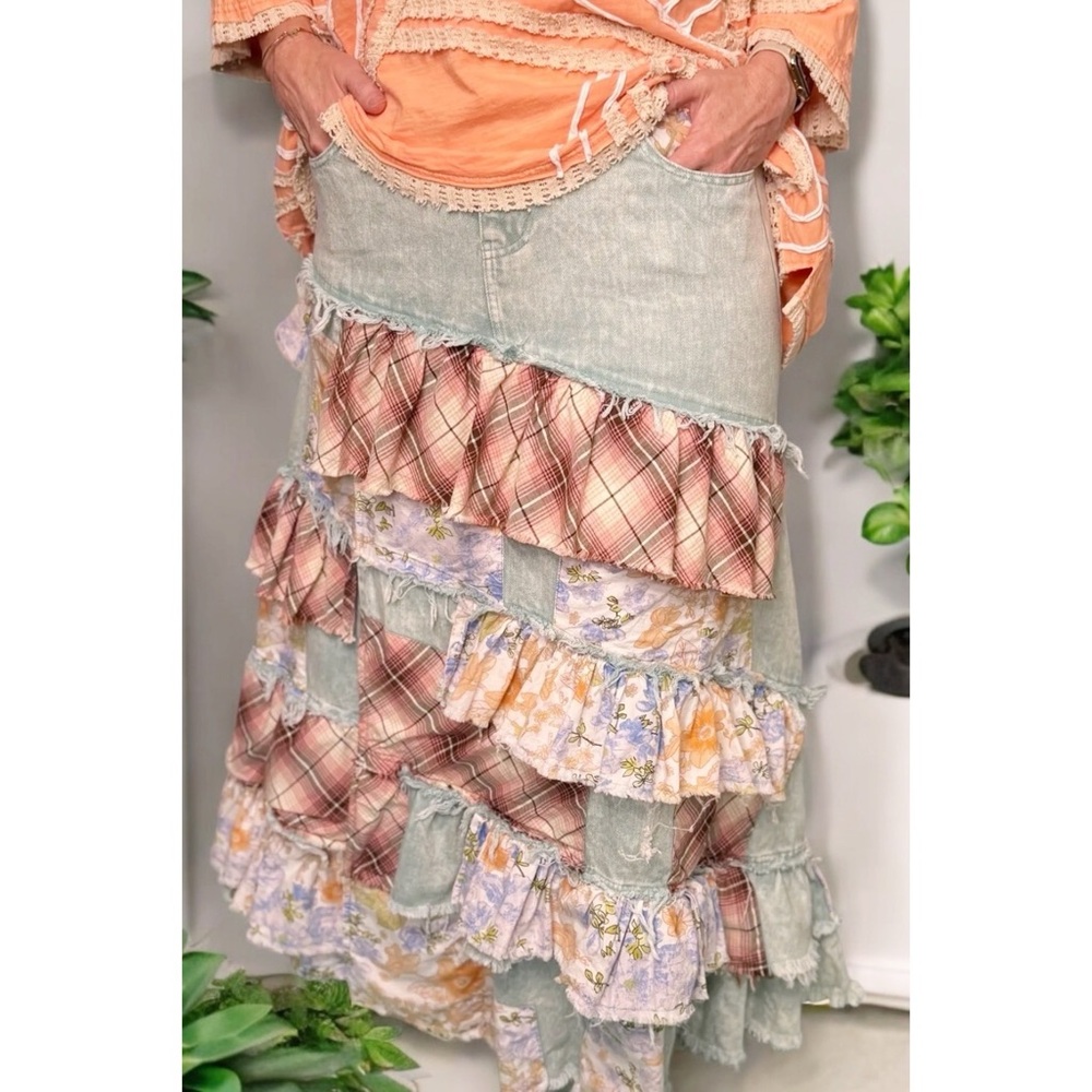 Oli & Hali Floral + Plaid Patchwork Ruffled Denim Maxi - Picture 8 of 11